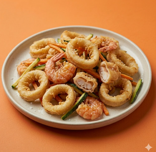 Fritto di calamari e gamberi con verdurine croccanti