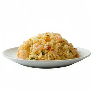 Arroz frito con huevo, verdura y langostino