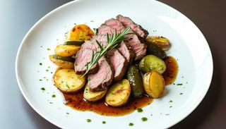 Tagliata de porc pe pat de cartofi aurii si muraturi