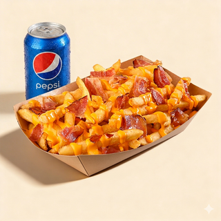 Hrskavi pomfrit sa topljenim čedarom i hrskavom slaninom + Pepsi