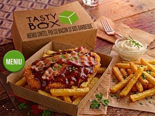 Meniu Snitel de Pui cu bacon si sos barbeque servit cu cartofi prajiti si sos de maioneza usturoi