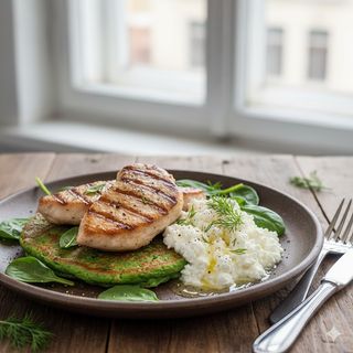 Спаначена палачинка със пуешко филе и сос със котидж сирене