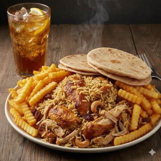 Chicken + pilau + chips + soda