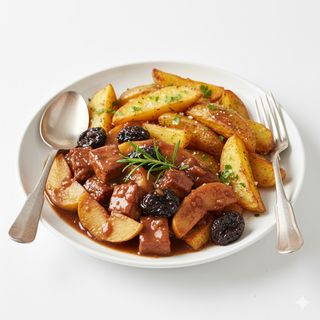 Spezzatino di seitan con mele e prugne con contorno di patate al forno