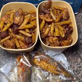 Penne and pasta combo with fried Hake fish 