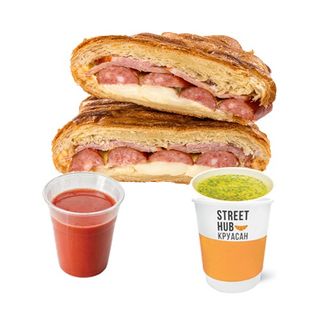 Круасан-гриль Супер м'ясний та бульйон питний або томатний сік