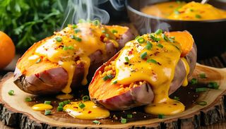 Сладки картофки с чедър сос