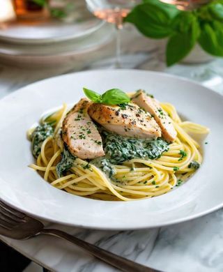 Makaron ze szpinakiem-280g. i filetem z kurczaka-120g, zupa