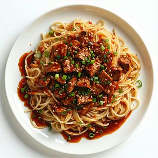 Spaghetti di riso con carne in salsa barbeque