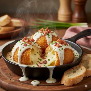 Топени сиренца с бекон в хрупкава панировка и чеснов сос