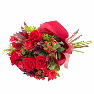 Trandafiri rosii si flori exotice in Buchet 