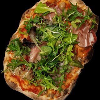 1-Pinsa Pomodoro, Crema di porcini, speck I.G.P, porcini, insalatina