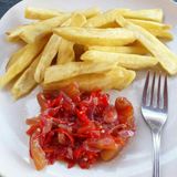 Fried yam or potato with spicy sauce with Fish and Ponmo