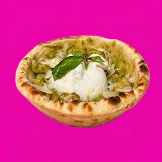 Gnocchi pesto e burrata en cesto de pizza
