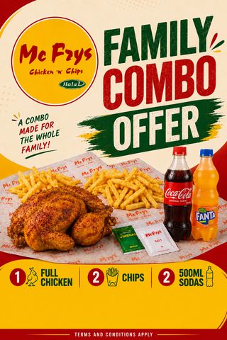 1 Full chicken , 2 chips and 2 500ml soda