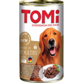 Hrana umeda pentru caini Tomi cu 3 feluri de carne de pui 400g