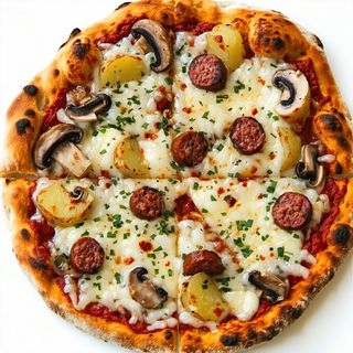 Pizza patate, porcini e salsiccia