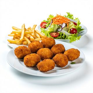 Media ración de croquetas de atún (7 uds.), papas y ensalada