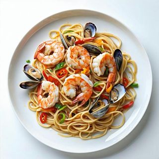 Spaghetti cinesi con misto di mare alla piastra