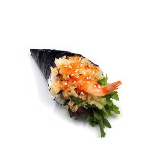 Temaki camarão tempura, molho chili agridoce e sésamo