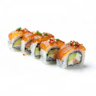 281.Uramaki de tataki de atún, aguacate y cebolla frita (8 uds)