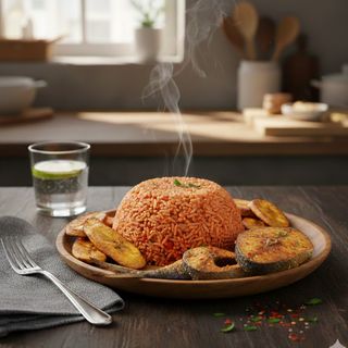 Jollof Rice + Plantain/Moimoi + Fish/Panla and Water