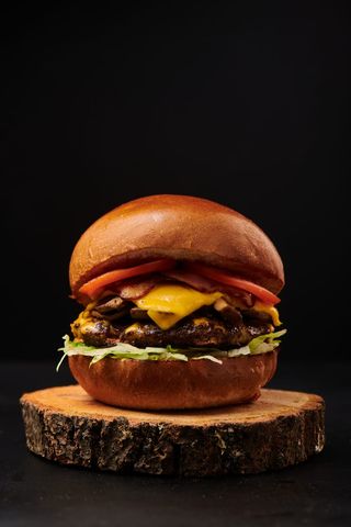 Mushroom burger with fries and sos burgatore