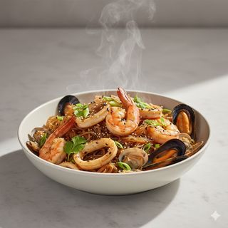 Spaghetti di soia con frutti di mare