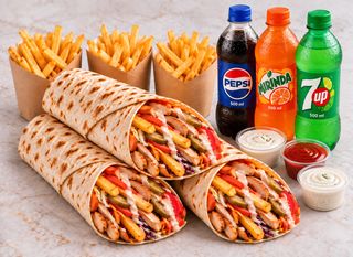 3 kebaburi, 3 cartofi și 3 băuturi