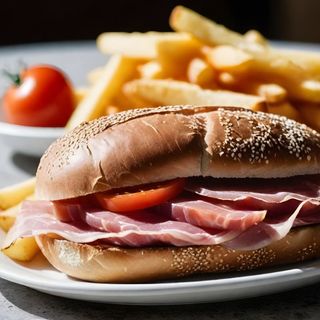 Bocadillo Teruel 25 cm Tamaño L  Pan crujiente Tomate  Natural Rallado, Jamón de teruel 13 Meses de Curación + Patatas Fritas (100gr)