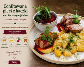 Confitowana pierś z kaczki na pieczonym jabłku z sosem żurawinowym