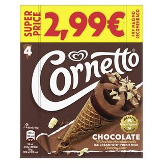 Helado Cono de chocolate con barquillo CORNETTO, pack 4x90 ml (26607903)