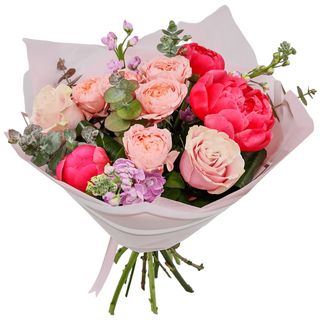 Buchet cu bujori, trandafiri, si matiola