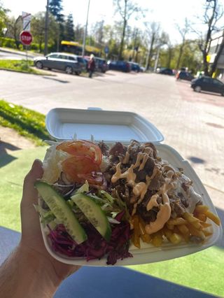 Kebab na talerzu z surówką i frytkami