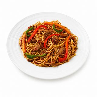 Spaghetti + Beef + Eggs + Plantain