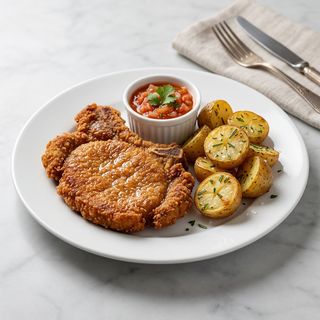Plato Chuleta Valluna Con Patatas Fritas Y Ensalada