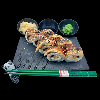 Uramaki z łosośiem pieczonym owinięte węgorzem - 8 szt