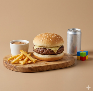 Burger di manzo, salsa, patatine fritte, mini bibita, sorpresa