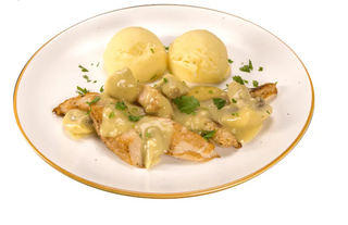 Пилешки късчета със сос от горски гъбки и картофено пюре (400г)