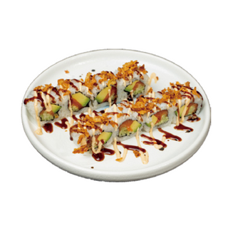 88. Uramaki De Salmón Con Pepino Y Aguacate Con Cebolla Frita (8 Uds.)