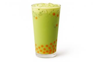 Iced Peach Matcha Latte with Melon Flavour Pearls