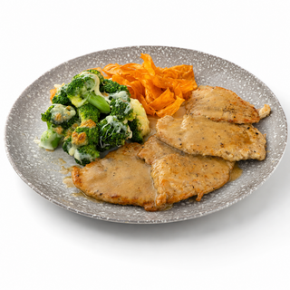 Scaloppine de porc în sos de vin cu garnitura- 400 g