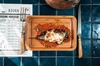 Gratinized Eggplant Stuffed with Meat in Rose Sauce