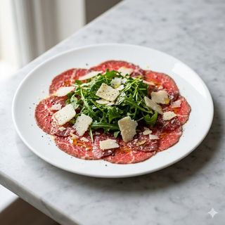 Beef Carpaccio With Rocket Salad And Parmesan Flakes