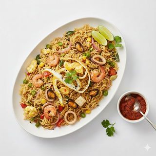 Riso saltato con verdure uova e frutti di mare