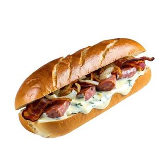 Bocadillo de Salchichas, Bacón, Cebolla Frita y Alioli