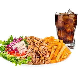 Plato De Carne Con Ensalada Patata Arroz Y Bebida