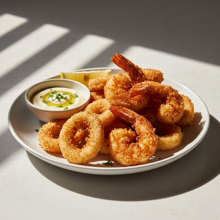 CREVETI SI CALAMARI PANE