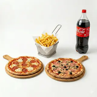 Menú 2 pizzas (familiares) + patatas + bebida (2 lt.)