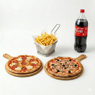 Menú 2 pizzas (familiares) + patatas + bebida (2 lt.)